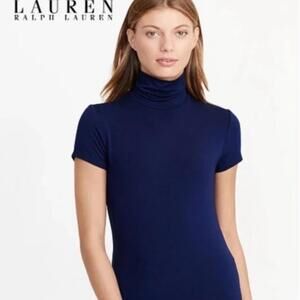 RALPH LAUREN Deep Navy Short Sleeve Preppy Career Academia Turtleneck Top Medium